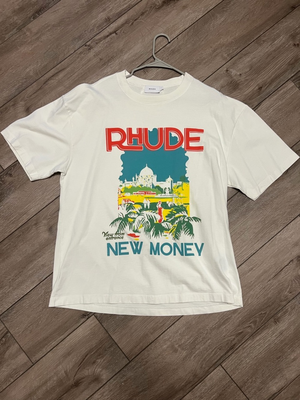 Rhude White Cotton Logo Tee with Black Tag Detail
